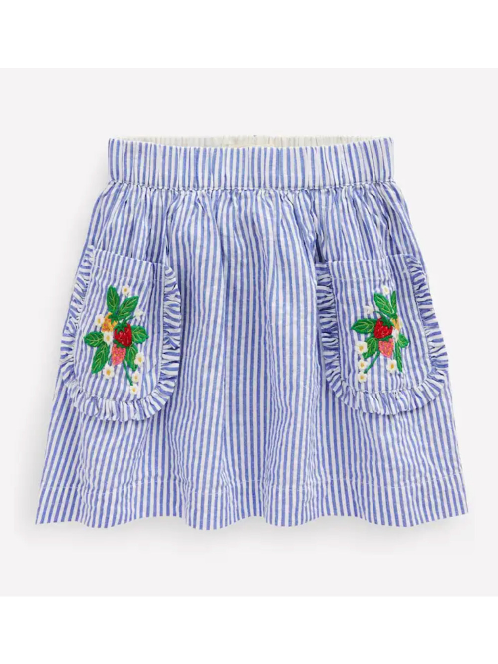 Mini Boden Skirt Fruit Embroidered Applique Blue Pinstripe Cotton Size 8-9 NWT